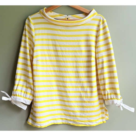 TALBOTS Striped Cotton Boat Neck Tie Sleeves Sabrina Top Yellow White M Preppy - Picture 4 of 10